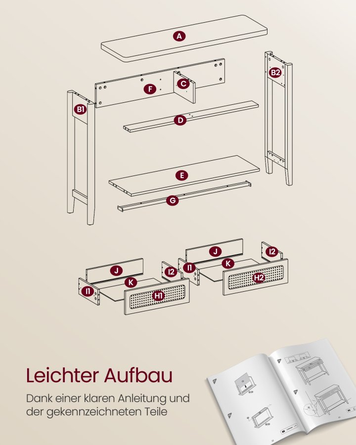 VASAGLE Konsollbord for gangen, Slankt salongbord for stue, Gangbord med 2 skuffer, �pen hylle, Avrundede hj�rner, Bohemsk stil, Eikebeige LNT016Y57