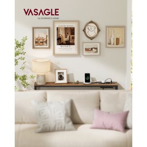 VASAGLE Konsolbord med ladestation, Slankt sofabord, Entrebord, 15 x 100 x 80 cm, med kroge, Nem montering, til entre, stue, Vintage brun/bl�ksort LNT079K02