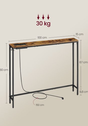 VASAGLE Konsolentisch mit Ladestation, schlanker Couchtisch, Flurtisch, 15 x 100 x 80 cm, mit Haken, einfache Montage, f&uuml;r Flur und Wohnzimmer, Vintage-Braun/Tintenschwarz LNT079K02