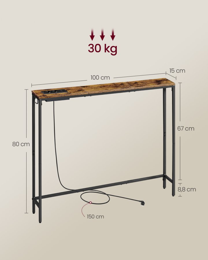 VASAGLE Konsolentisch mit Ladestation, schlanker Couchtisch, Flurtisch, 15 x 100 x 80 cm, mit Haken, einfache Montage, f&uuml;r Flur und Wohnzimmer, Vintage-Braun/Tintenschwarz LNT079K02