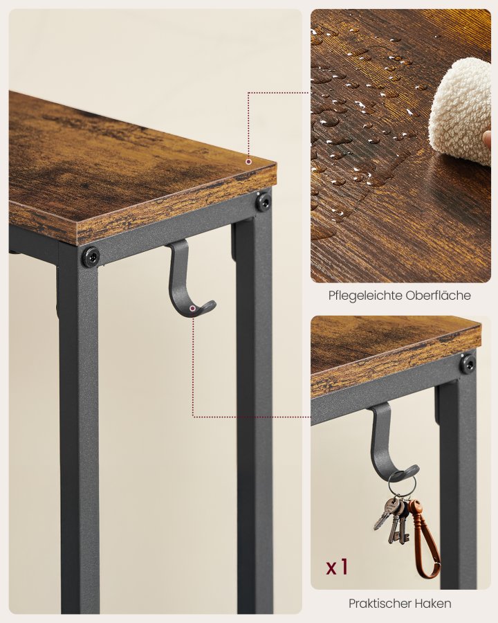 VASAGLE Konsolentisch mit Ladestation, schlanker Couchtisch, Flurtisch, 15 x 100 x 80 cm, mit Haken, einfache Montage, f&uuml;r Flur und Wohnzimmer, Vintage-Braun/Tintenschwarz LNT079K02
