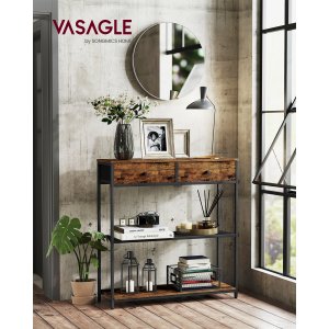 VASAGLE Smalt konsolbord med 2 stofskuffer, 3-lags sofabord til entr&eacute;, 24 x 76 x 80 cm, til entr&eacute;, stue, rustik brun og bl�ksort LNT092K01