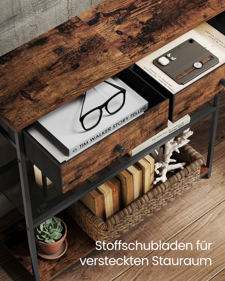 VASAGLE Schmaler Konsolentisch mit 2 Stoffschubladen, 3-stufiger Couchtisch f&uuml;r Flur, 24 x 76 x 80 cm, f&uuml;r Flur, Wohnzimmer, Rustikales Braun und Tintenschwarz LNT092K01