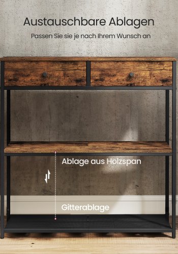 VASAGLE Schmaler Konsolentisch mit 2 Stoffschubladen, 3-stufiger Couchtisch f&uuml;r Flur, 24 x 76 x 80 cm, f&uuml;r Flur, Wohnzimmer, Rustikales Braun und Tintenschwarz LNT092K01