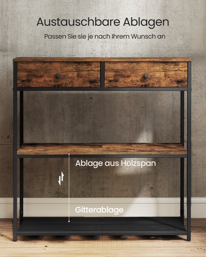 VASAGLE Schmaler Konsolentisch mit 2 Stoffschubladen, 3-stufiger Couchtisch f&uuml;r Flur, 24 x 76 x 80 cm, f&uuml;r Flur, Wohnzimmer, Rustikales Braun und Tintenschwarz LNT092K01