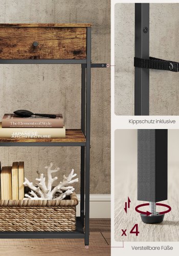 VASAGLE Schmaler Konsolentisch mit 2 Stoffschubladen, 3-stufiger Couchtisch f&uuml;r Flur, 24 x 76 x 80 cm, f&uuml;r Flur, Wohnzimmer, Rustikales Braun und Tintenschwarz LNT092K01