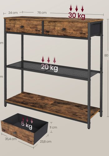 VASAGLE Schmaler Konsolentisch mit 2 Stoffschubladen, 3-stufiger Couchtisch f&uuml;r Flur, 24 x 76 x 80 cm, f&uuml;r Flur, Wohnzimmer, Rustikales Braun und Tintenschwarz LNT092K01
