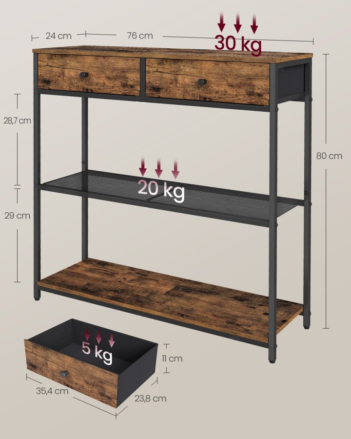 VASAGLE Schmaler Konsolentisch mit 2 Stoffschubladen, 3-stufiger Couchtisch f&uuml;r Flur, 24 x 76 x 80 cm, f&uuml;r Flur, Wohnzimmer, Rustikales Braun und Tintenschwarz LNT092K01
