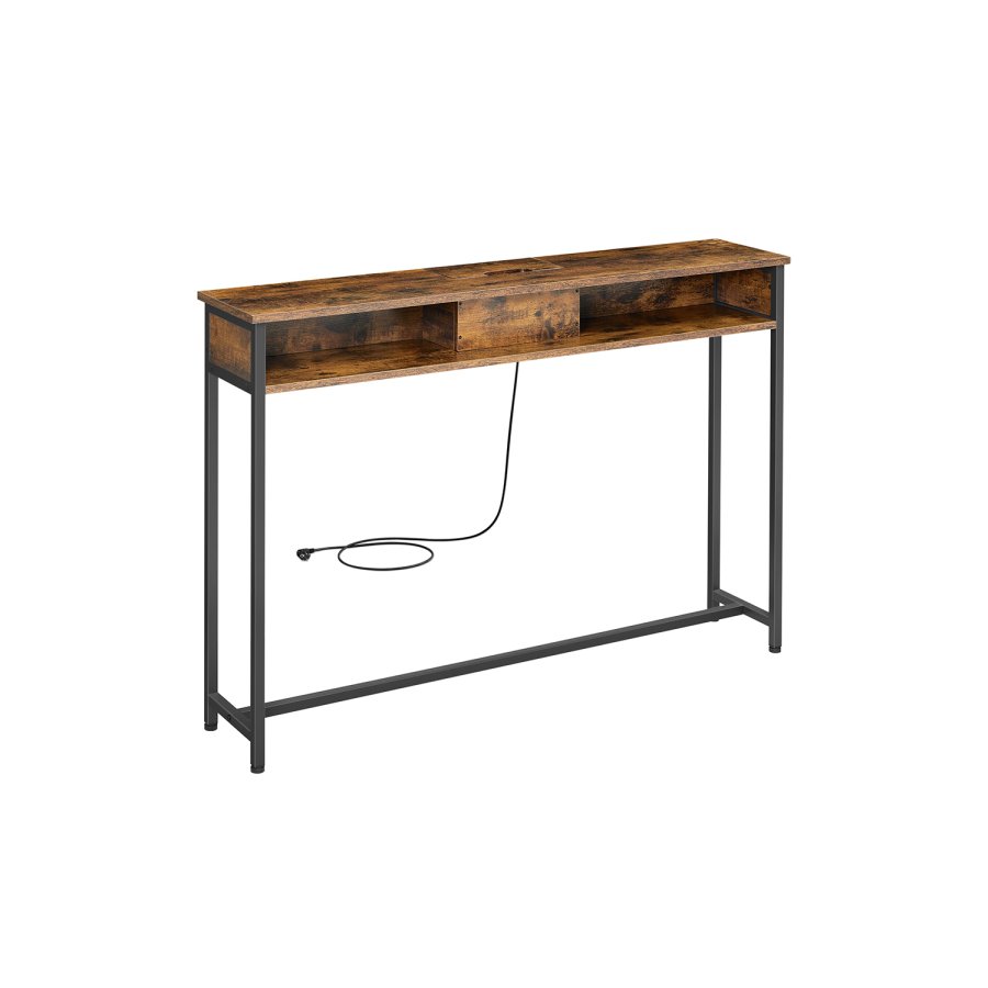VASAGLE LNT111K01 Slim konsolbord, m. str�mskinne, 2 AC-stik og 2 USB-porte, 2 rum - rustik brun sp�nplade og bl�ksort st�l (120x25)