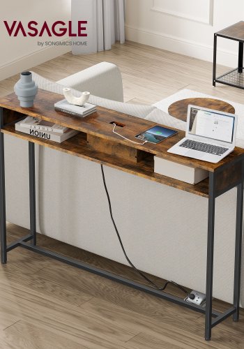 VASAGLE LNT111K01 Slim konsolbord, m. str�mskinne, 2 AC-stik og 2 USB-porte, 2 rum - rustik brun sp�nplade og bl�ksort st�l (120x25)