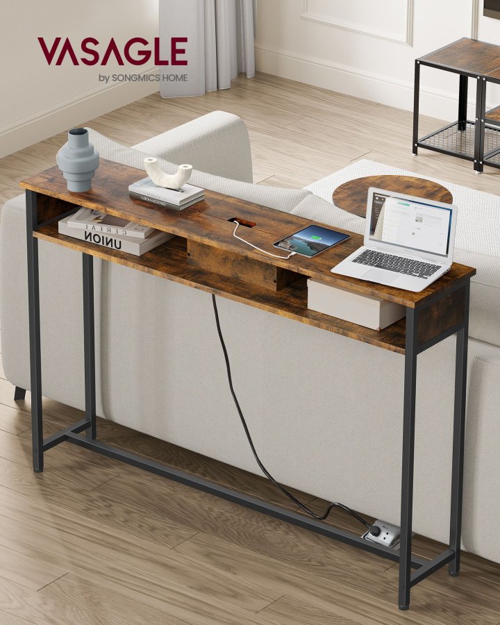 VASAGLE LNT111K01 Slim konsolbord, m. str�mskinne, 2 AC-stik og 2 USB-porte, 2 rum - rustik brun sp�nplade og bl�ksort st�l (120x25)
