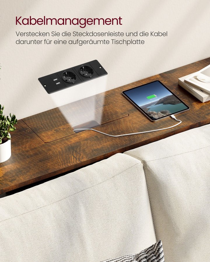 VASAGLE LNT111K01 Slim konsolbord, m. str�mskinne, 2 AC-stik og 2 USB-porte, 2 rum - rustik brun sp�nplade og bl�ksort st�l (120x25)