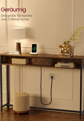 VASAGLE LNT111K01 Slim konsolbord, m. str�mskinne, 2 AC-stik og 2 USB-porte, 2 rum - rustik brun sp�nplade og bl�ksort st�l (120x25)