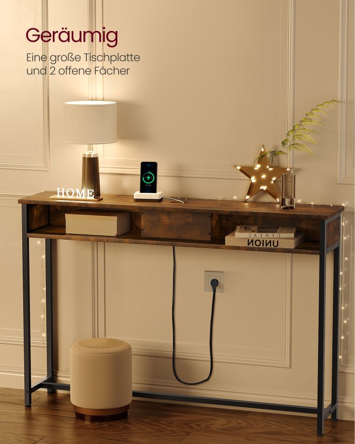 VASAGLE LNT111K01 Slim konsolbord, m. str�mskinne, 2 AC-stik og 2 USB-porte, 2 rum - rustik brun sp�nplade og bl�ksort st�l (120x25)