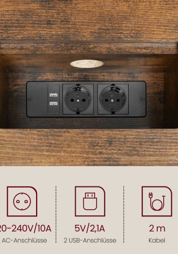 VASAGLE LNT111K01 Slim konsolbord, m. str�mskinne, 2 AC-stik og 2 USB-porte, 2 rum - rustik brun sp�nplade og bl�ksort st�l (120x25)