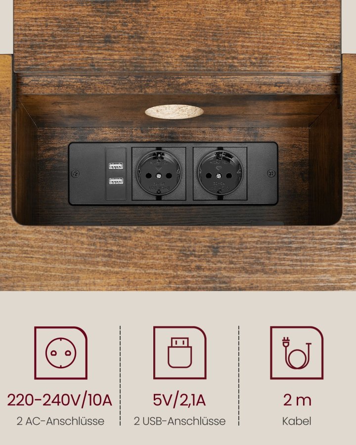 VASAGLE LNT111K01 Slim konsolbord, m. str�mskinne, 2 AC-stik og 2 USB-porte, 2 rum - rustik brun sp�nplade og bl�ksort st�l (120x25)