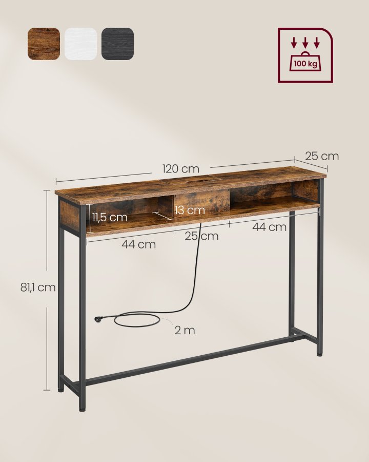 VASAGLE LNT111K01 Slim konsolbord, m. str�mskinne, 2 AC-stik og 2 USB-porte, 2 rum - rustik brun sp�nplade og bl�ksort st�l (120x25)