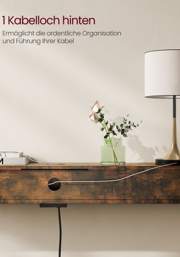 VASAGLE LNT111K01 Slim konsolbord, m. str�mskinne, 2 AC-stik og 2 USB-porte, 2 rum - rustik brun sp�nplade og bl�ksort st�l (120x25)