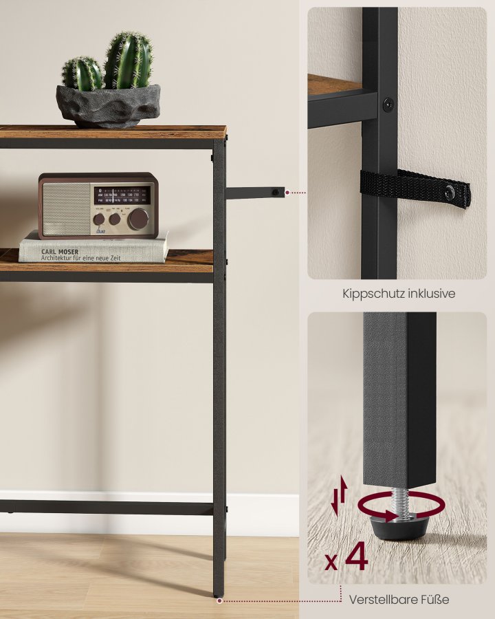 VASAGLE Konsolentisch, schlanker 2-st&ouml;ckiger Couchtisch, 20 x 80 x 80 cm, Flurtisch mit 2 Ablagen, f&uuml;r Wohnzimmer, Flur, rustikales Braun und Tintenschwarz LNT130K01V1