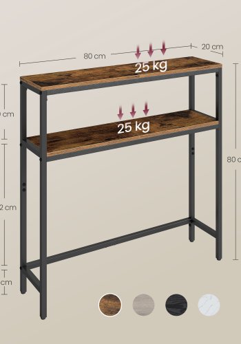 VASAGLE Konsolentisch, schlanker 2-st&ouml;ckiger Couchtisch, 20 x 80 x 80 cm, Flurtisch mit 2 Ablagen, f&uuml;r Wohnzimmer, Flur, rustikales Braun und Tintenschwarz LNT130K01V1