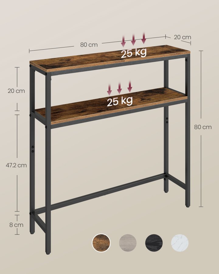 VASAGLE Konsolentisch, schlanker 2-st&ouml;ckiger Couchtisch, 20 x 80 x 80 cm, Flurtisch mit 2 Ablagen, f&uuml;r Wohnzimmer, Flur, rustikales Braun und Tintenschwarz LNT130K01V1