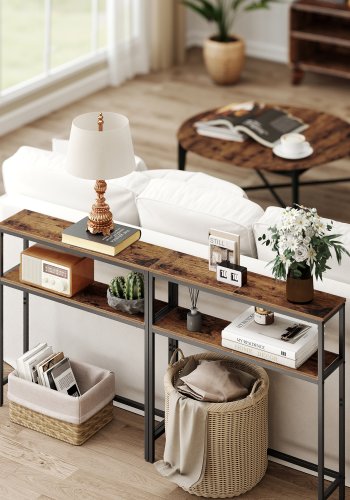 VASAGLE Konsolentisch, schlanker 2-st&ouml;ckiger Couchtisch, 20 x 80 x 80 cm, Flurtisch mit 2 Ablagen, f&uuml;r Wohnzimmer, Flur, rustikales Braun und Tintenschwarz LNT130K01V1