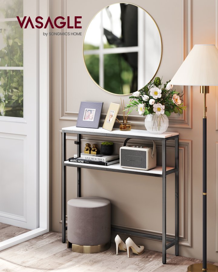 VASAGLE Konsolbord Smalt Sofabord med 2 Hylder, 20 x 80 x 80 cm, Entrebord, 2 Niveauer, til Entre, Stue, Sovev�relse, Marmor Hvid/Bl�ksort LNT130W59