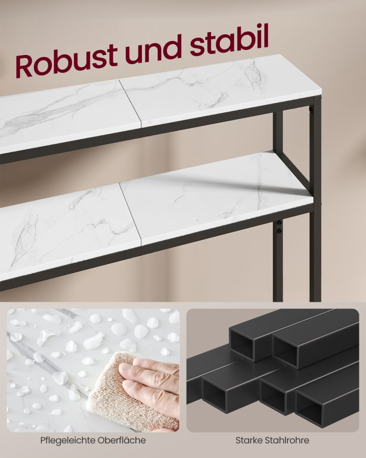 VASAGLE Konsolbord Smalt Sofabord med 2 Hylder, 20 x 80 x 80 cm, Entrebord, 2 Niveauer, til Entre, Stue, Sovev�relse, Marmor Hvid/Bl�ksort LNT130W59