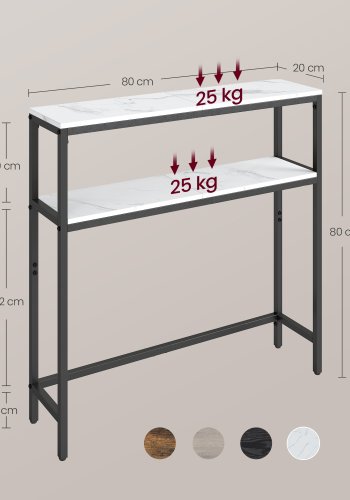VASAGLE Konsolbord Smalt Sofabord med 2 Hylder, 20 x 80 x 80 cm, Entrebord, 2 Niveauer, til Entre, Stue, Sovev�relse, Marmor Hvid/Bl�ksort LNT130W59