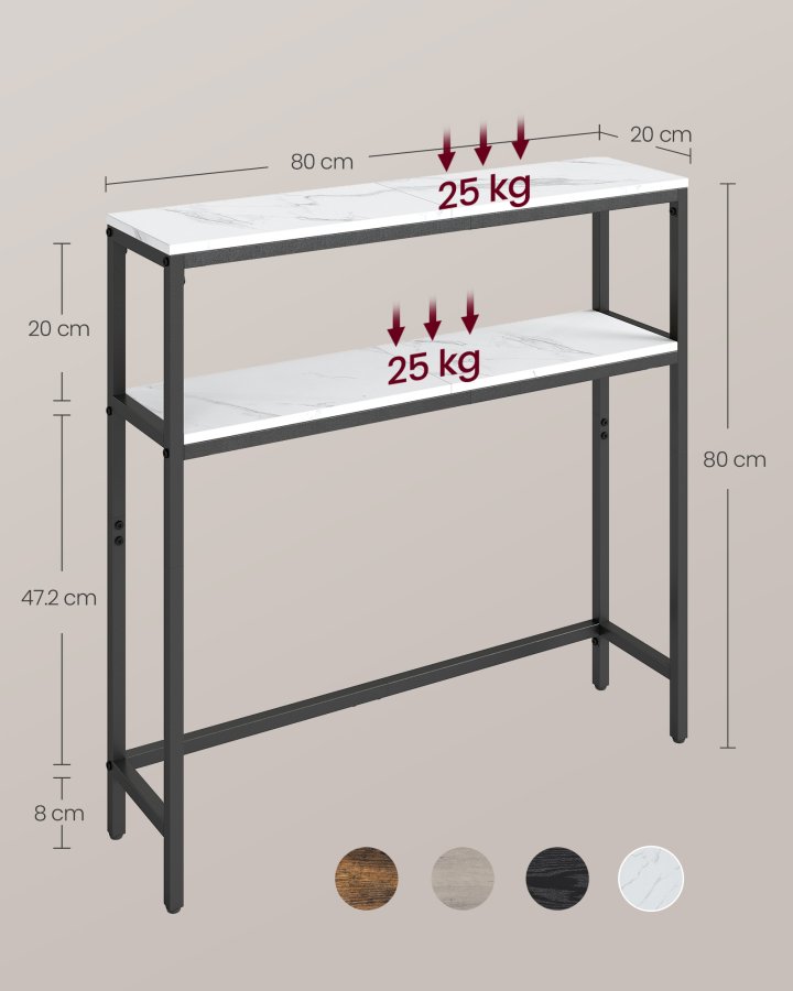 VASAGLE Konsolbord Smalt Sofabord med 2 Hylder, 20 x 80 x 80 cm, Entrebord, 2 Niveauer, til Entre, Stue, Sovev�relse, Marmor Hvid/Bl�ksort LNT130W59