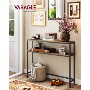 VASAGLE Konsolbord, Smalt Sofabord med 2 Hylder, 20 x 100 x 80 cm, Entrebord, 2 Niveauer, Til Entre, Stue, Sovev�relse, Vintage Brun/Bl�ksort LNT131K01