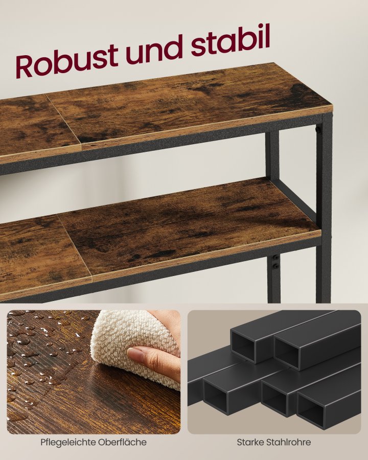 VASAGLE Konsolentisch, schmaler Couchtisch mit 2 Ablagen, 20 x 100 x 80 cm, Flurtisch, 2 Ebenen, f&uuml;r Flur, Wohnzimmer, Schlafzimmer, Vintage Braun/Tintenschwarz LNT131K01