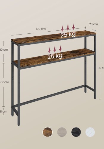 VASAGLE Konsolentisch, schmaler Couchtisch mit 2 Ablagen, 20 x 100 x 80 cm, Flurtisch, 2 Ebenen, f&uuml;r Flur, Wohnzimmer, Schlafzimmer, Vintage Braun/Tintenschwarz LNT131K01
