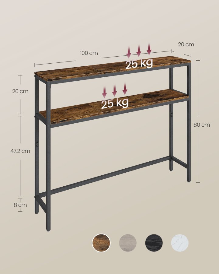 VASAGLE Konsolentisch, schmaler Couchtisch mit 2 Ablagen, 20 x 100 x 80 cm, Flurtisch, 2 Ebenen, f&uuml;r Flur, Wohnzimmer, Schlafzimmer, Vintage Braun/Tintenschwarz LNT131K01