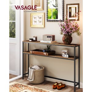 VASAGLE Konsolbord, 2-lags slankt sofabord, 20 x 120 x 80 cm, entrebord med 2 hylder, til stue, entr&eacute;, rustik brun og bl�ksort LNT133K01V1
