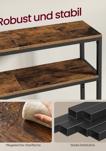 VASAGLE Konsolentisch, schlanker 2-st&ouml;ckiger Couchtisch, 20 x 120 x 80 cm, Flurtisch mit 2 Ablagen, f&uuml;r Wohnzimmer, Flur, rustikales Braun und Tintenschwarz LNT133K01V1