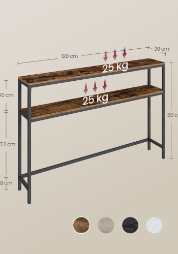 VASAGLE Konsolentisch, schlanker 2-st&ouml;ckiger Couchtisch, 20 x 120 x 80 cm, Flurtisch mit 2 Ablagen, f&uuml;r Wohnzimmer, Flur, rustikales Braun und Tintenschwarz LNT133K01V1
