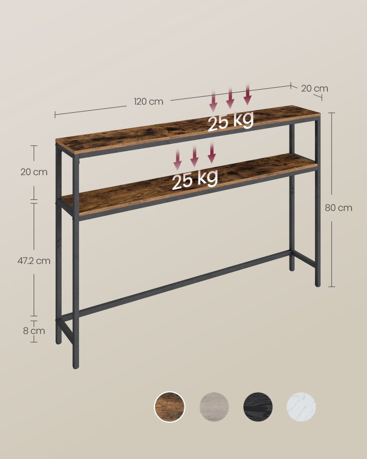 VASAGLE Konsolentisch, schlanker 2-st&ouml;ckiger Couchtisch, 20 x 120 x 80 cm, Flurtisch mit 2 Ablagen, f&uuml;r Wohnzimmer, Flur, rustikales Braun und Tintenschwarz LNT133K01V1