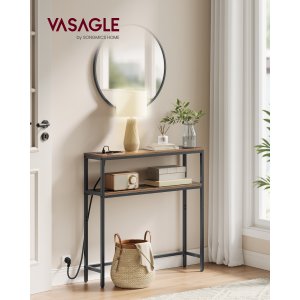 VASAGLE Konsolbord, Smalt Sofabord med 2 Hylder, 20 x 80 x 80 cm, Entrebord med Ladestation, til Stue, Entre, Vintage Brun/Bl�ksort LNT135KD01