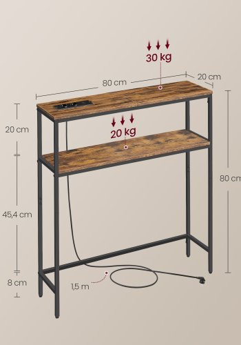 VASAGLE Konsolentisch, schmaler Couchtisch mit 2 Ablagen, 20 x 80 x 80 cm, Flurtisch mit Ladestation, f&uuml;r Wohnzimmer, Flur, Vintage Braun/Tintenschwarz LNT135KD01
