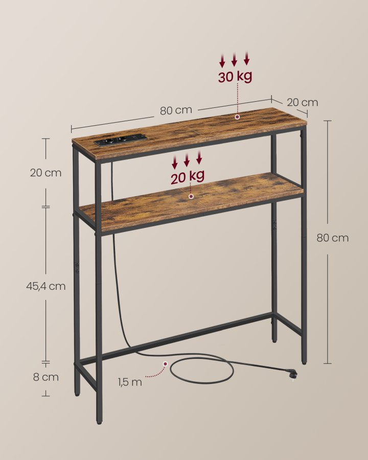 VASAGLE Konsolentisch, schmaler Couchtisch mit 2 Ablagen, 20 x 80 x 80 cm, Flurtisch mit Ladestation, f&uuml;r Wohnzimmer, Flur, Vintage Braun/Tintenschwarz LNT135KD01