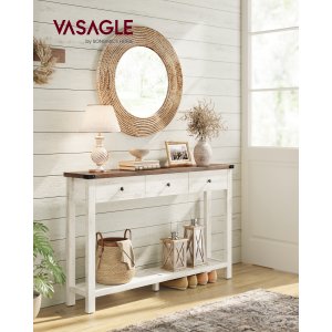 VASAGLE Konsolbord, Sidebord, Smalt Sofabord med 3 Skuffer og En Hylde, Til Entre, Stue, Landlig Stil, Honningbrun, Vintage Hvid, LNT142WJ01