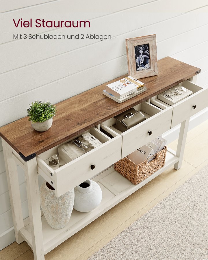 VASAGLE Konsolentisch, Beistelltisch, schmaler Couchtisch mit 3 Schubladen und einem Ablagefach, f&uuml;r Flur, Wohnzimmer, Landhausstil, Honigbraun, Vintage-Wei&szlig;, LNT142WJ01