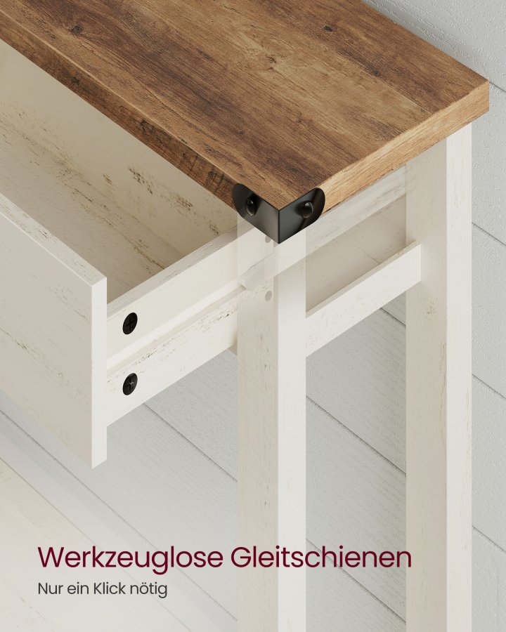 VASAGLE Konsolentisch, Beistelltisch, schmaler Couchtisch mit 3 Schubladen und einem Ablagefach, f&uuml;r Flur, Wohnzimmer, Landhausstil, Honigbraun, Vintage-Wei&szlig;, LNT142WJ01