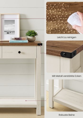 VASAGLE Konsolentisch, Beistelltisch, schmaler Couchtisch mit 3 Schubladen und einem Ablagefach, f&uuml;r Flur, Wohnzimmer, Landhausstil, Honigbraun, Vintage-Wei&szlig;, LNT142WJ01