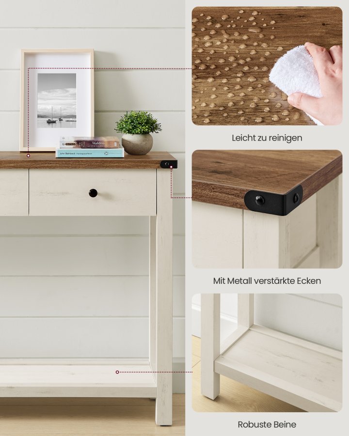 VASAGLE Konsolentisch, Beistelltisch, schmaler Couchtisch mit 3 Schubladen und einem Ablagefach, f&uuml;r Flur, Wohnzimmer, Landhausstil, Honigbraun, Vintage-Wei&szlig;, LNT142WJ01