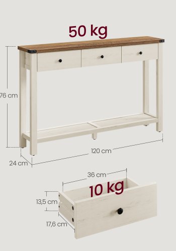 VASAGLE Konsolentisch, Beistelltisch, schmaler Couchtisch mit 3 Schubladen und einem Ablagefach, f&uuml;r Flur, Wohnzimmer, Landhausstil, Honigbraun, Vintage-Wei&szlig;, LNT142WJ01
