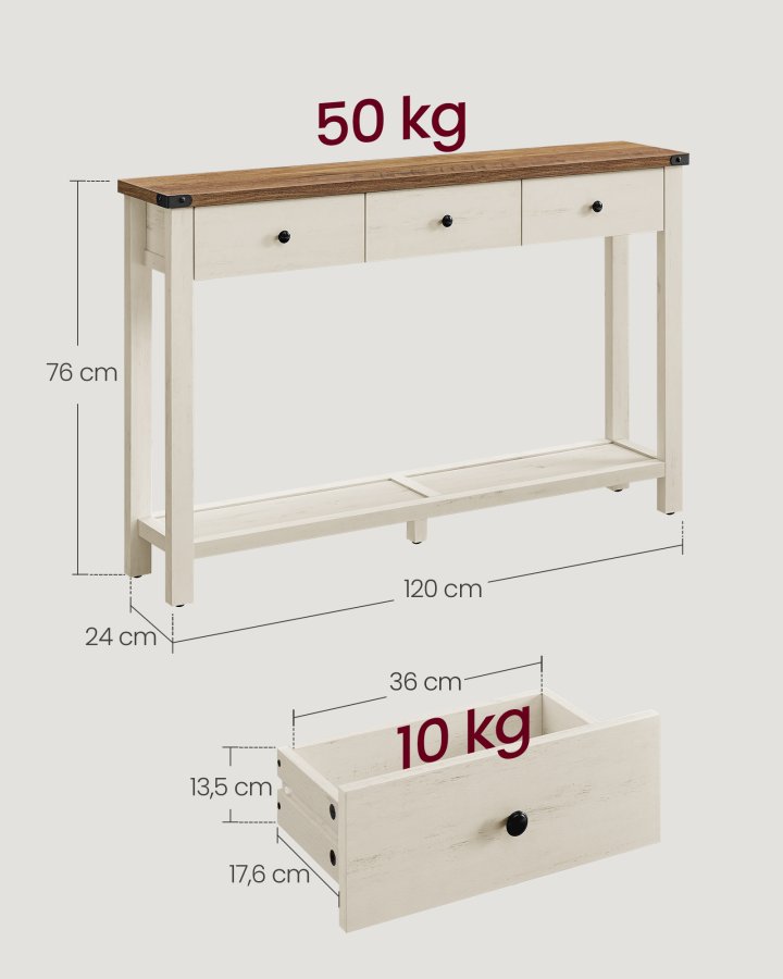 VASAGLE Konsolentisch, Beistelltisch, schmaler Couchtisch mit 3 Schubladen und einem Ablagefach, f&uuml;r Flur, Wohnzimmer, Landhausstil, Honigbraun, Vintage-Wei&szlig;, LNT142WJ01