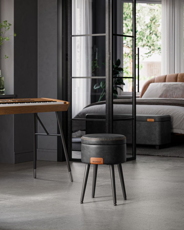 VASAGLE EKHO Collection Fotpall med f&ouml;rvaring, Sminkf�t&ouml;lj med pall, Rund sits med f&ouml;rvaring, B&auml;rkapacitet 147 kg, Bl&auml;cksvart LOM005B01