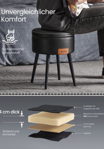 VASAGLE EKHO Collection Fotpall med f&ouml;rvaring, Sminkf�t&ouml;lj med pall, Rund sits med f&ouml;rvaring, B&auml;rkapacitet 147 kg, Bl&auml;cksvart LOM005B01